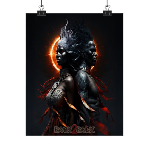 Back 2 Back – Eclipse Warrior Duo Poster – Afro-Fantasy Fire & Ice Art