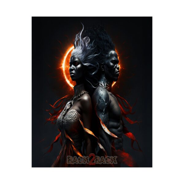 Back 2 Back – Eclipse Warrior Duo Poster – Afro-Fantasy Fire & Ice Art